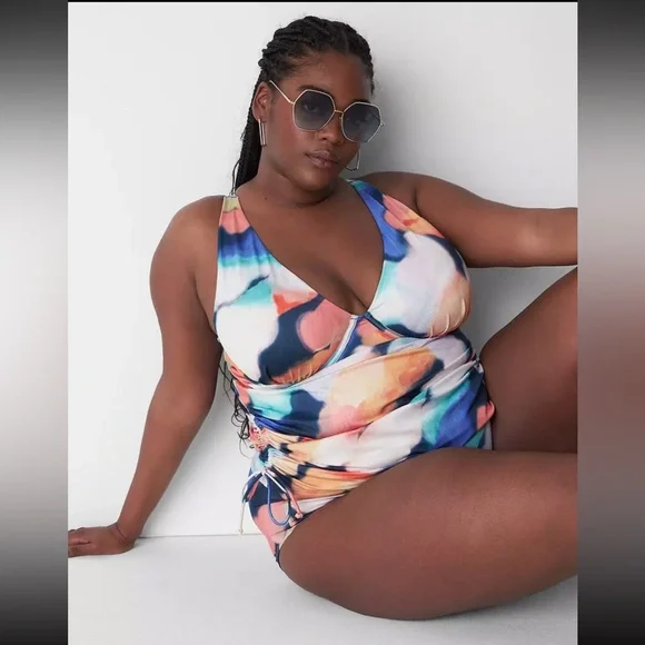 New LANE BRYANT CACIQUE SWIM Lightly Lined Plunge UNDERWIRE TANKINI TOP 44DDD - Picture 1 of 14